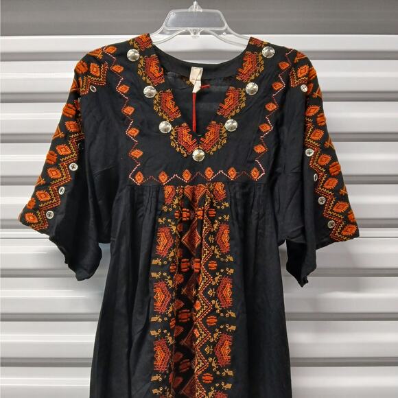 Anthropologie Raga Rala Bohemian Tunic Dress Small Black Embroidered Boho Hippie - Picture 6 of 12